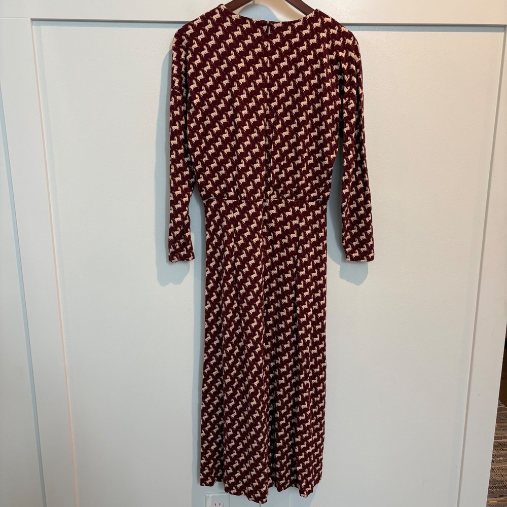 Ann Taylor Horse Print Midi Dress Womens 6 Burgundy Long Sleeve Knit Stretch - Picture 8 of 14